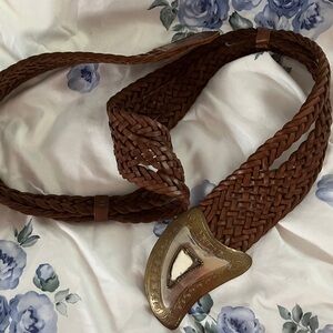 Chico's Brown Leather Braided Belt with Gold Buckle